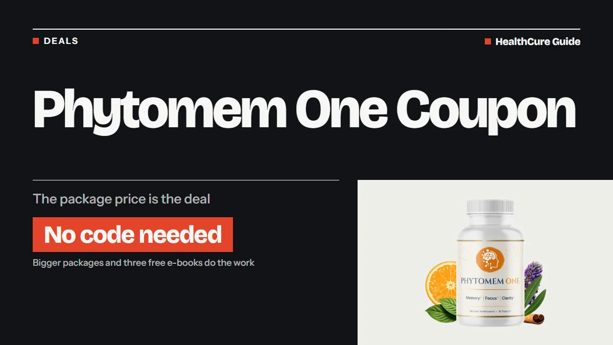 Phytomem One coupon headline on a dark panel with a coral No code needed label and a bottle photo with orange slice