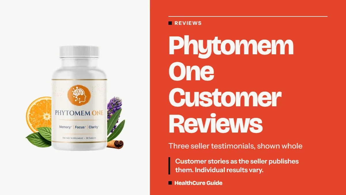 Phytomem One customer reviews headline on coral beside a bottle photo and a note that results vary on seller stories