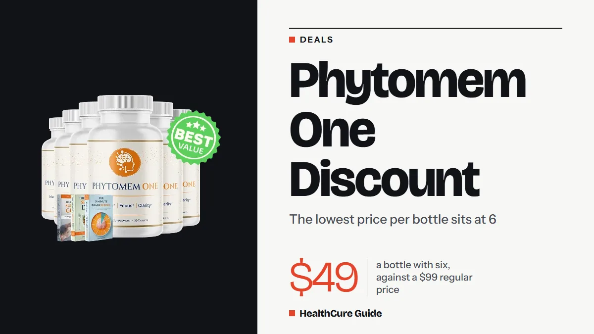 Phytomem One discount headline with a $49 a bottle figure against a $99 regular price, and six bottles, Best Value badge