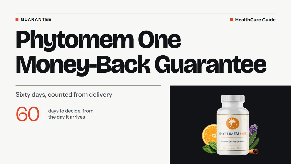 Phytomem One money back guarantee headline with a large 60 days figure counted from delivery, and a bottle photo
