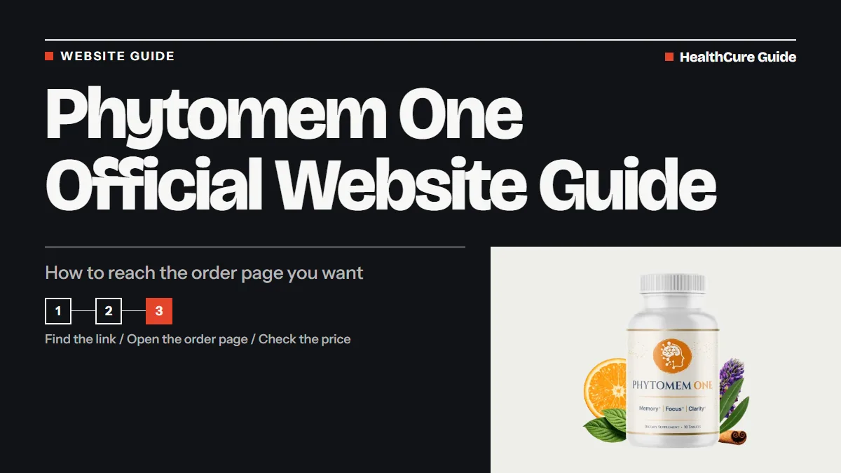 Phytomem One official website guide headline with three numbered steps, from finding the link to the price, and a bottle