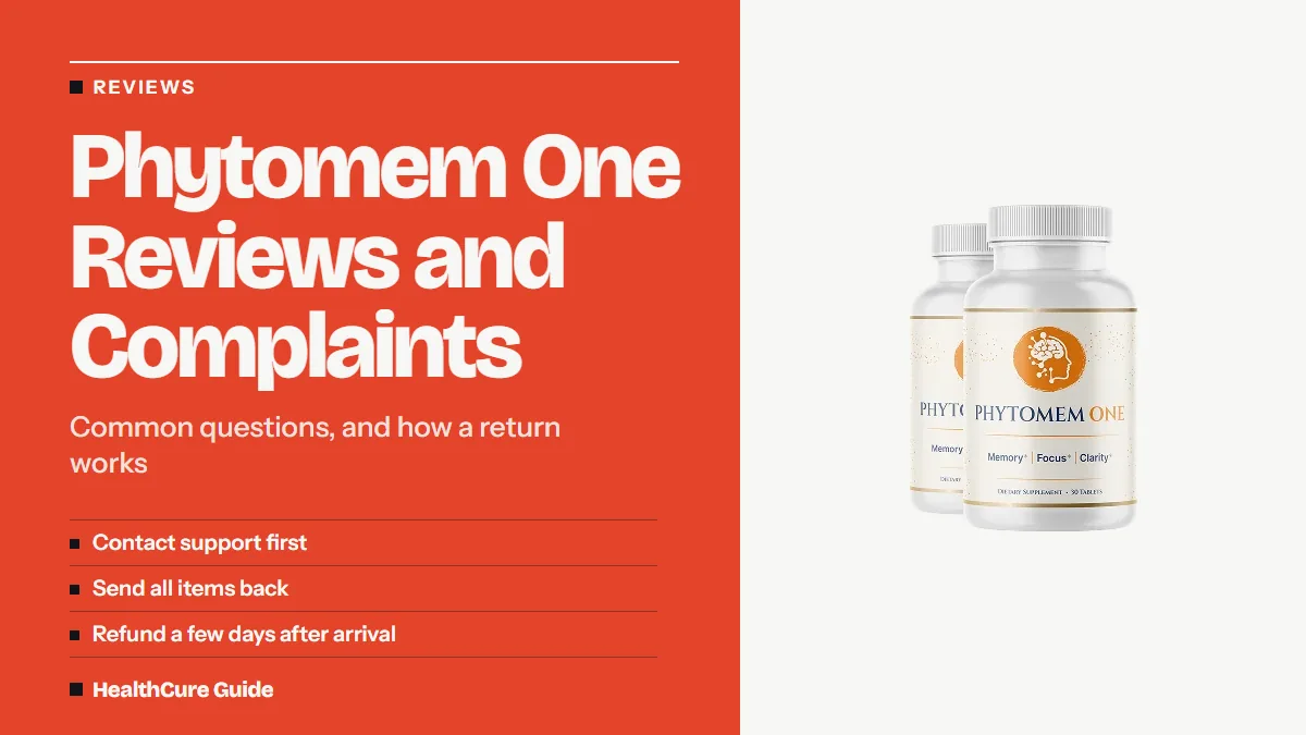 Phytomem One reviews and complaints headline on coral with three rows on support, returns and refund timing, and two bottles