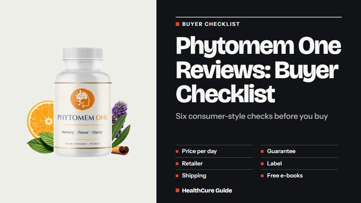 Phytomem One reviews consumer reports style: Buyer Checklist headline, six rows from price per day to e-books, a bottle