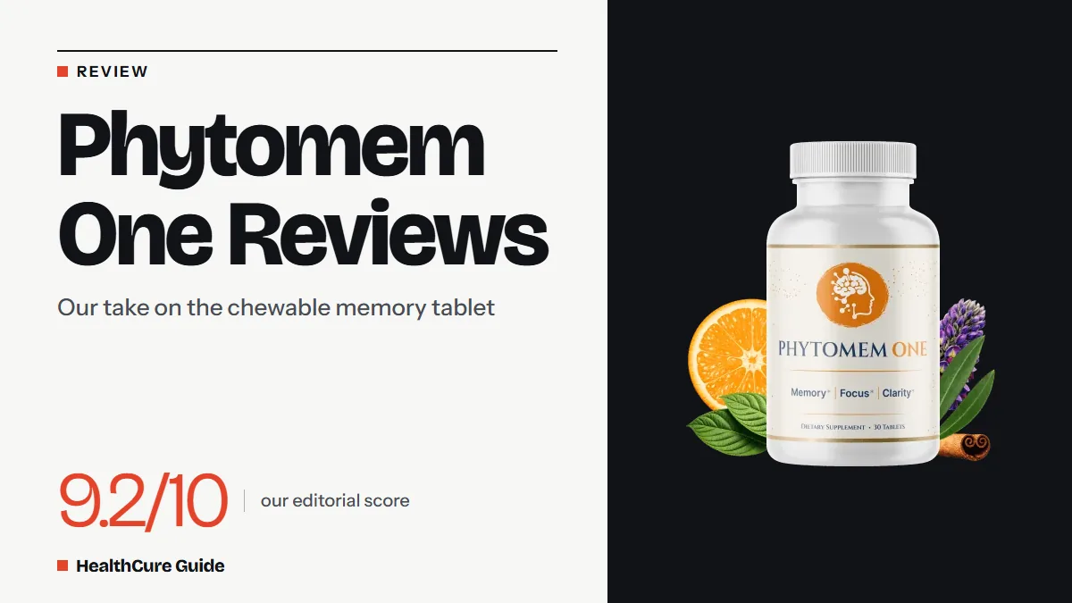 Phytomem One reviews headline beside a bottle photo on a dark panel, with a 9.2/10 editorial score from HealthCure Guide