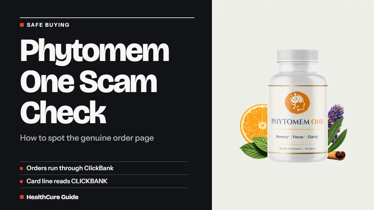 Phytomem One scam check headline on a dark panel with two rows on ClickBank orders and the card line, beside a bottle photo
