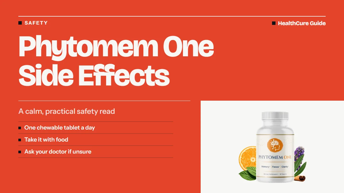 Phytomem One side effects headline on coral with three rows: one tablet a day, take with food, ask your doctor, and a bottle
