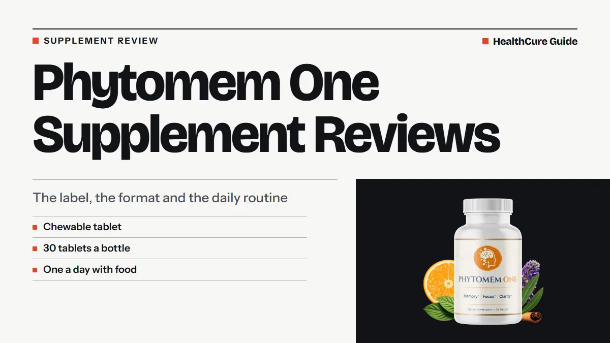 Phytomem One supplement reviews headline with rows: chewable tablet, 30 tablets a bottle, one a day with food, and a bottle