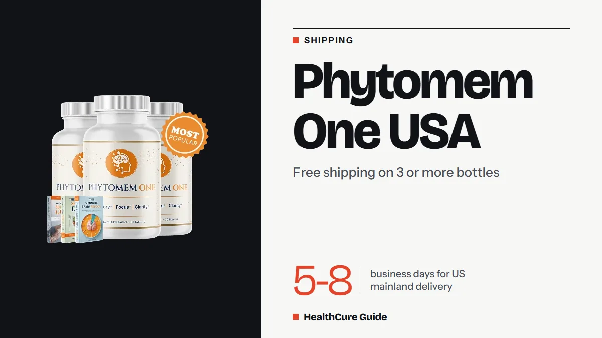 Phytomem One USA headline beside three bottles with e-books and a Most Popular badge, and a 5-8 business days delivery figure