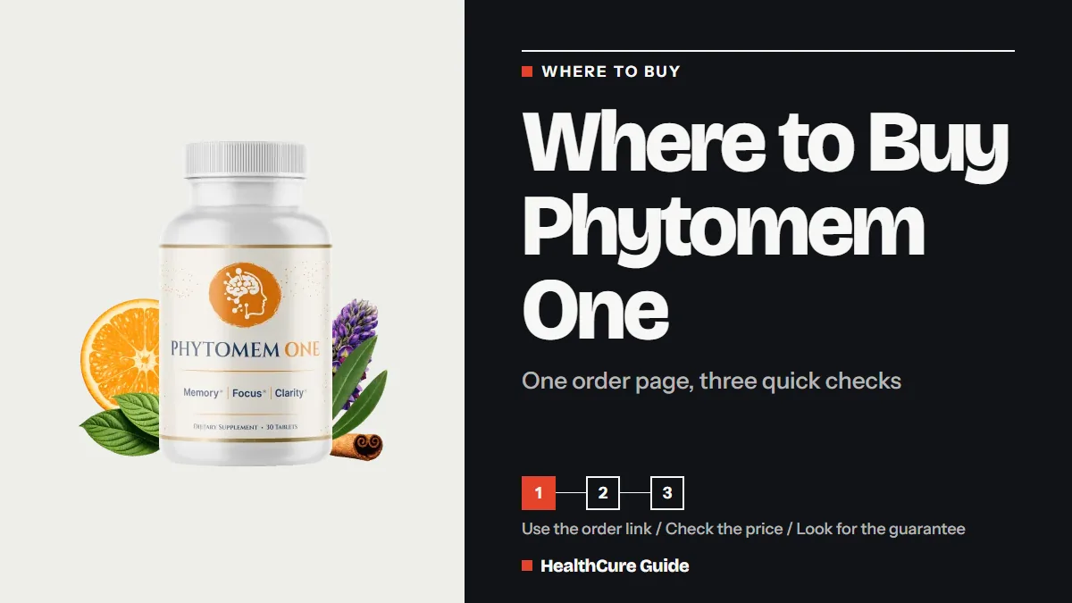 Where to buy Phytomem One headline on a dark panel with three numbered checks, order link to guarantee, and a bottle photo