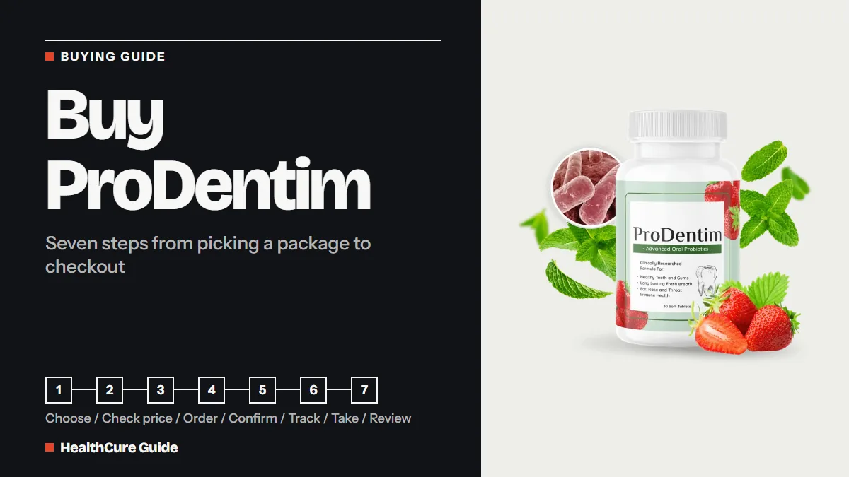 Buy ProDentim cover: charcoal field, headline, seven numbered steps and the bottle, laid out as an ordering path