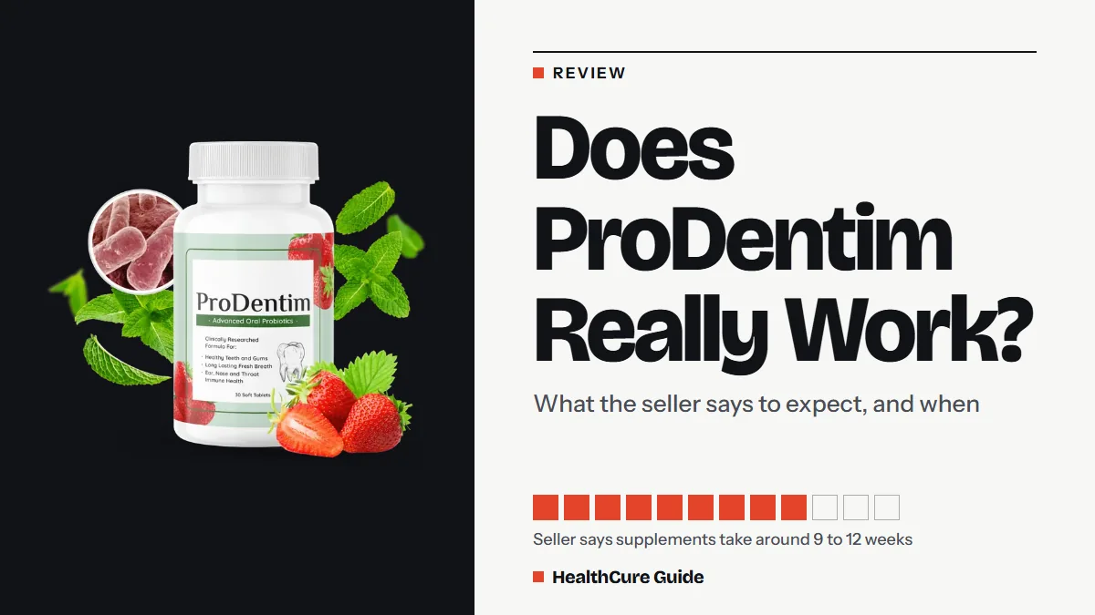 Does ProDentim really work cover: bone field, headline, a 12-square week grid and the bottle, laid out as a timeline
