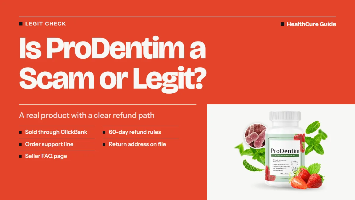 Is ProDentim a scam or legit cover: coral field, headline, five checklist rows and the bottle, laid out as a legit check