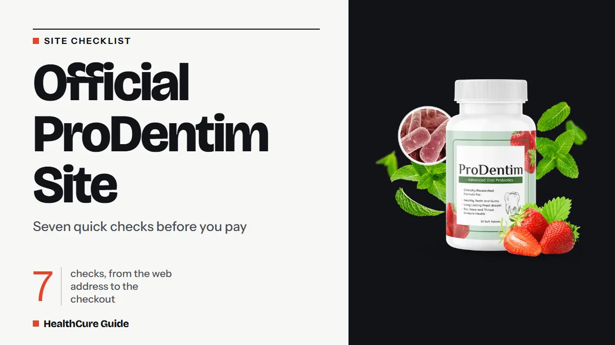 Official ProDentim site cover: bone field, headline, a large 7 and the bottle, laid out as a seven point site checklist