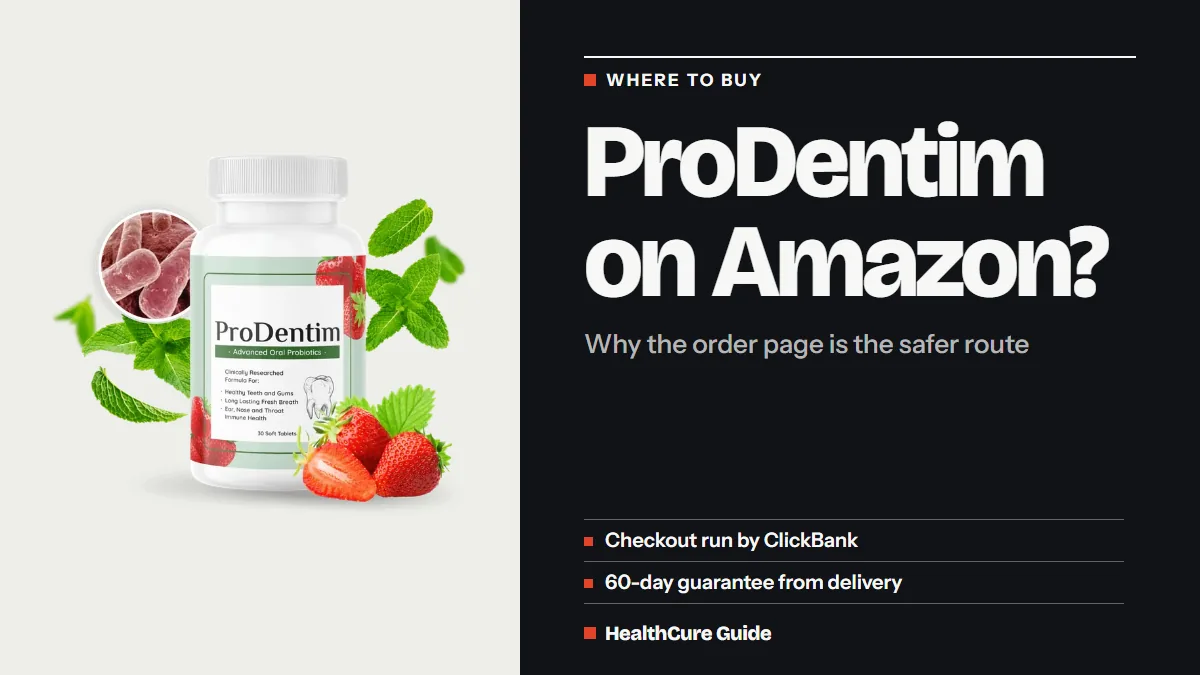 ProDentim Amazon cover: charcoal background, headline, a pair of checklist rows and the bottle photo on a pale panel