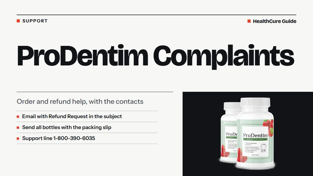 ProDentim complaints cover: bone field, headline, three support rows and a two-bottle photo, laid out as a help guide
