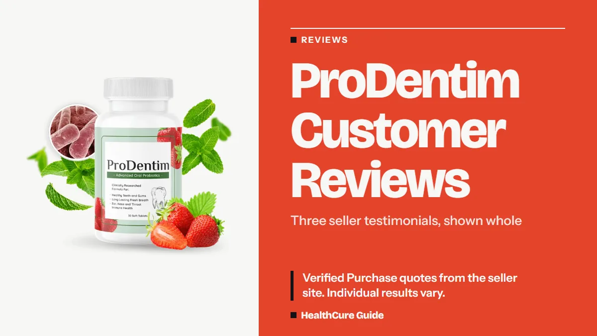 ProDentim customer reviews cover: coral field, headline, a quote note and the bottle, laid out as a testimonial page
