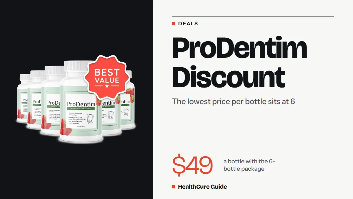ProDentim discount cover: bone field, headline, a thin $49 numeral and a six-bottle photo, laid out as a savings poster