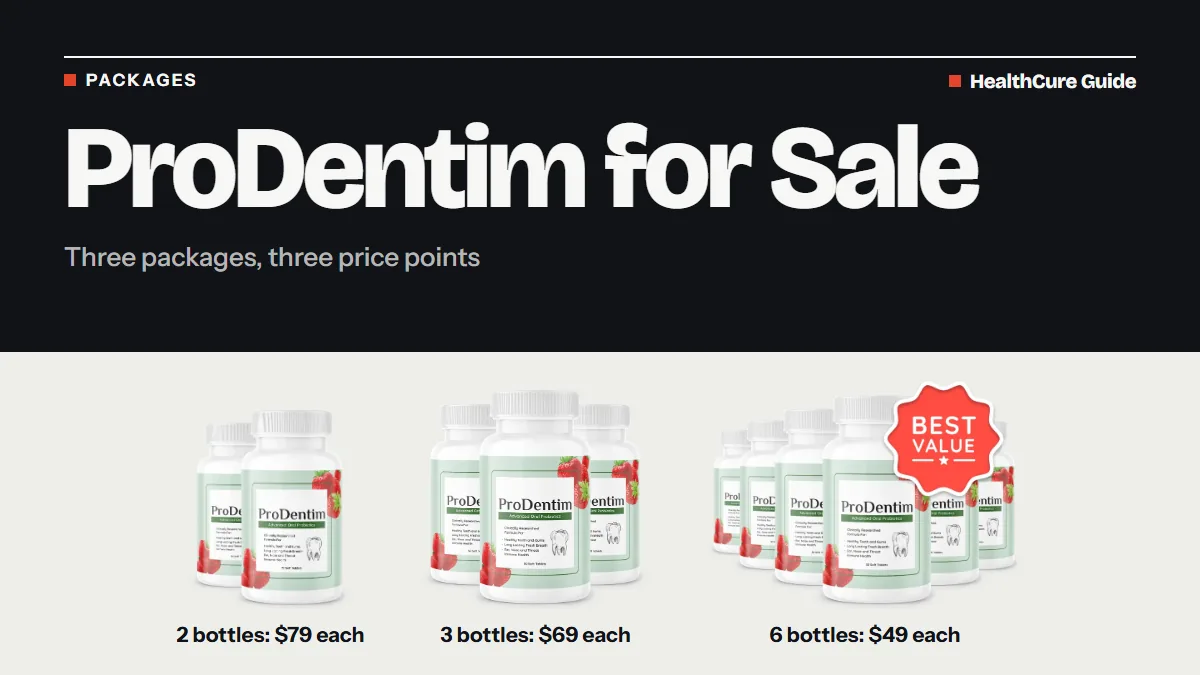 ProDentim for sale cover: charcoal field, headline and the 2, 3 and 6 bottle packages with $79, $69 and $49 captions