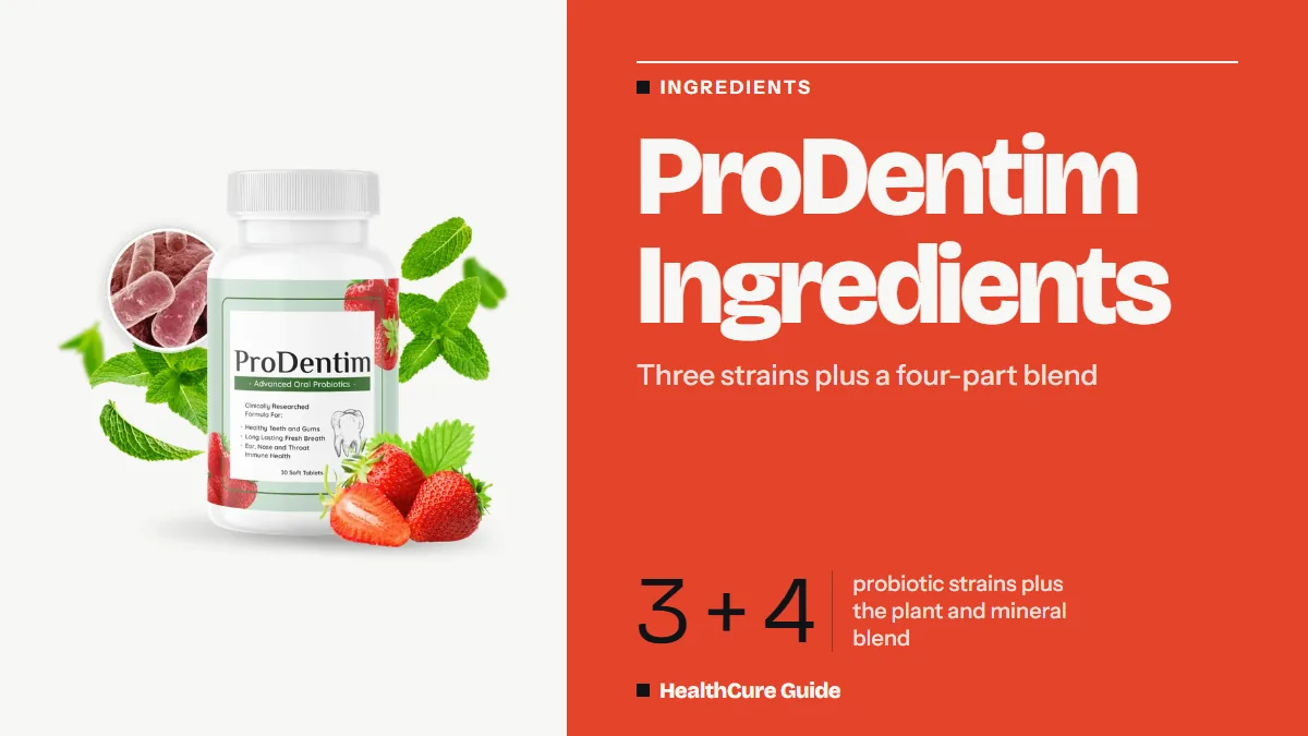 ProDentim ingredients cover: coral field, headline, a thin 3 + 4 numeral and the bottle, laid out as a formula summary