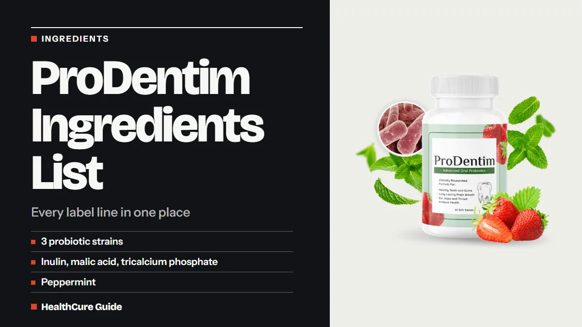 ProDentim ingredients list cover: charcoal field, big headline, three label summary rows and the berry and mint bottle photo
