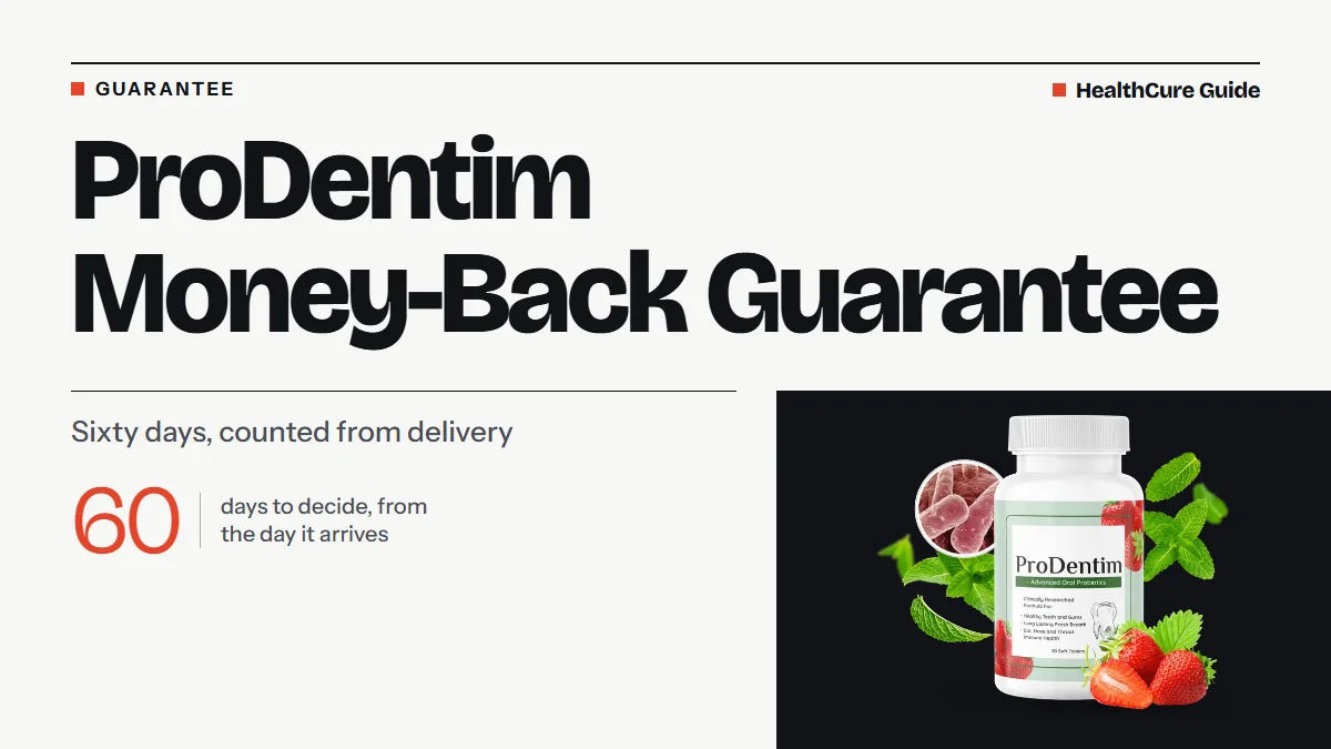 ProDentim money-back guarantee cover: bone field, headline, a thin 60 numeral and the bottle, laid out as a refund window