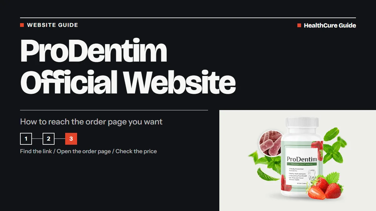 ProDentim official website cover: charcoal field, headline, steps 1 to 3 along a route, with the bottle on a light panel