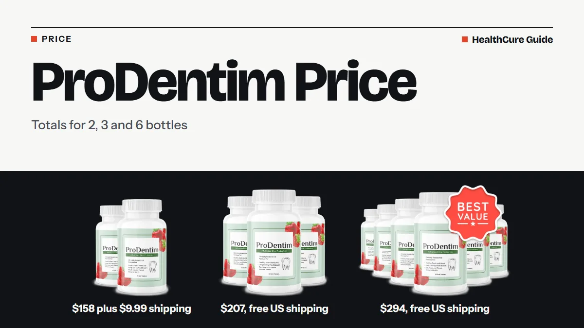 ProDentim price cover: bone field, headline and the 2, 3 and 6 bottle photos with $158, $207 and $294 totals underneath