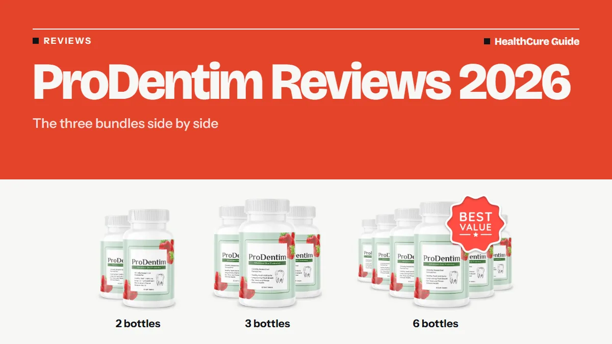 ProDentim reviews 2026 cover: coral field, headline and three bundle photos with 2, 3 and 6 bottle captions beneath