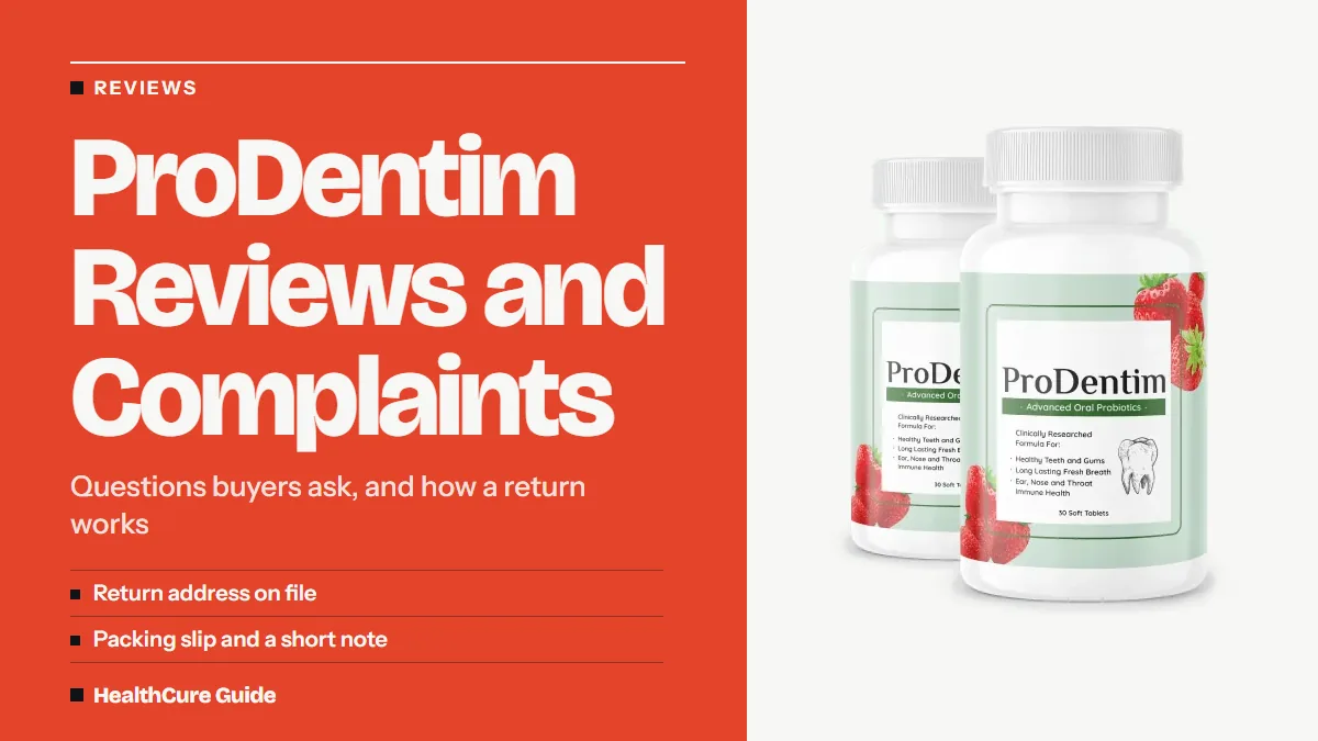 ProDentim reviews and complaints cover: coral field, headline, two checklist rows and a two-bottle photo, as a return note