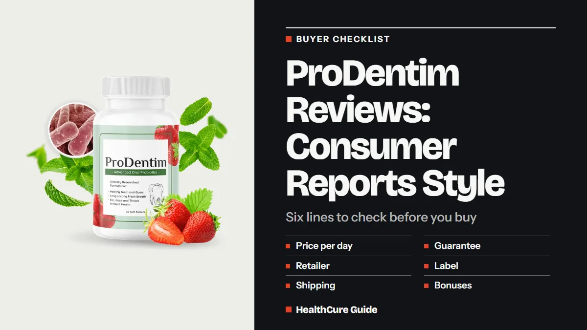 ProDentim reviews consumer reports cover: charcoal field, headline, six checklist lines and the bottle, as a buyer checklist
