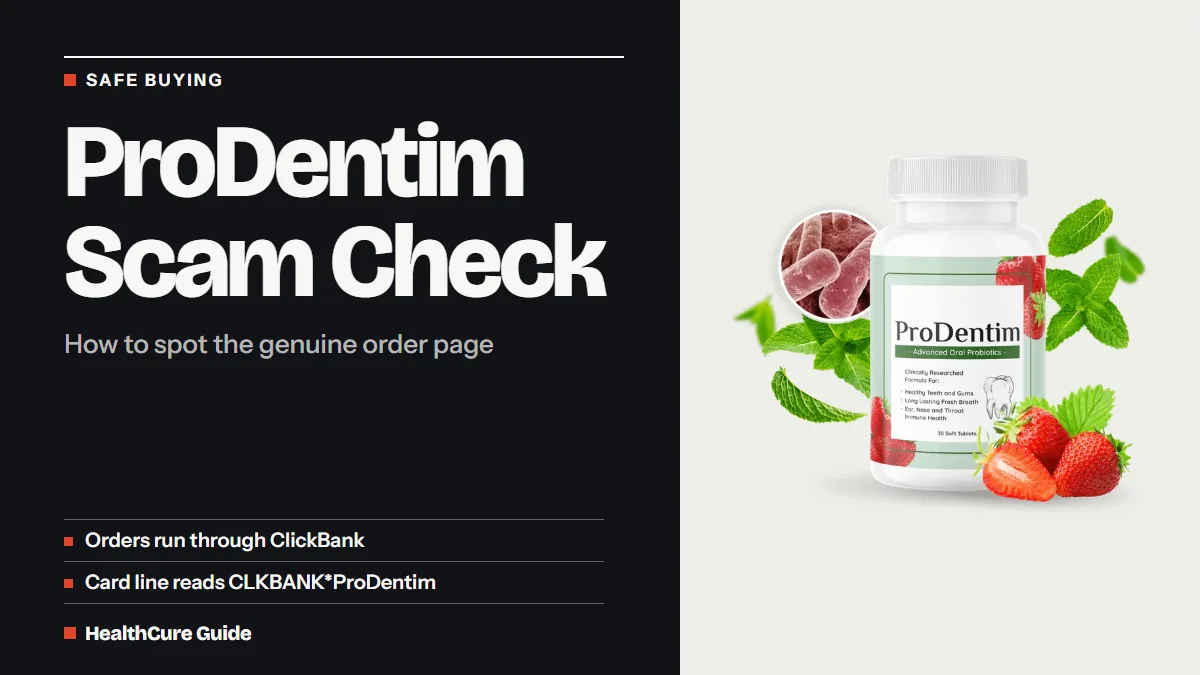 ProDentim scam cover: charcoal field, big headline, two short rows on safe buying and the strawberry and mint bottle
