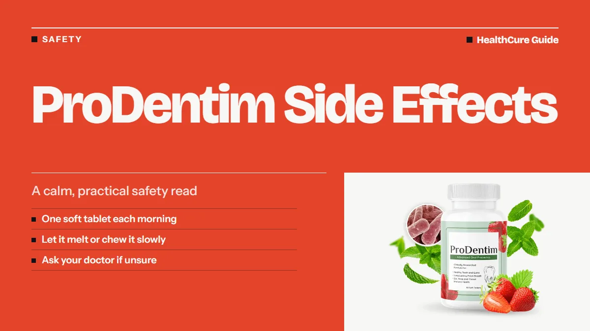 ProDentim side effects cover: coral field, headline, three safety rows on the daily routine, plus the bottle photo