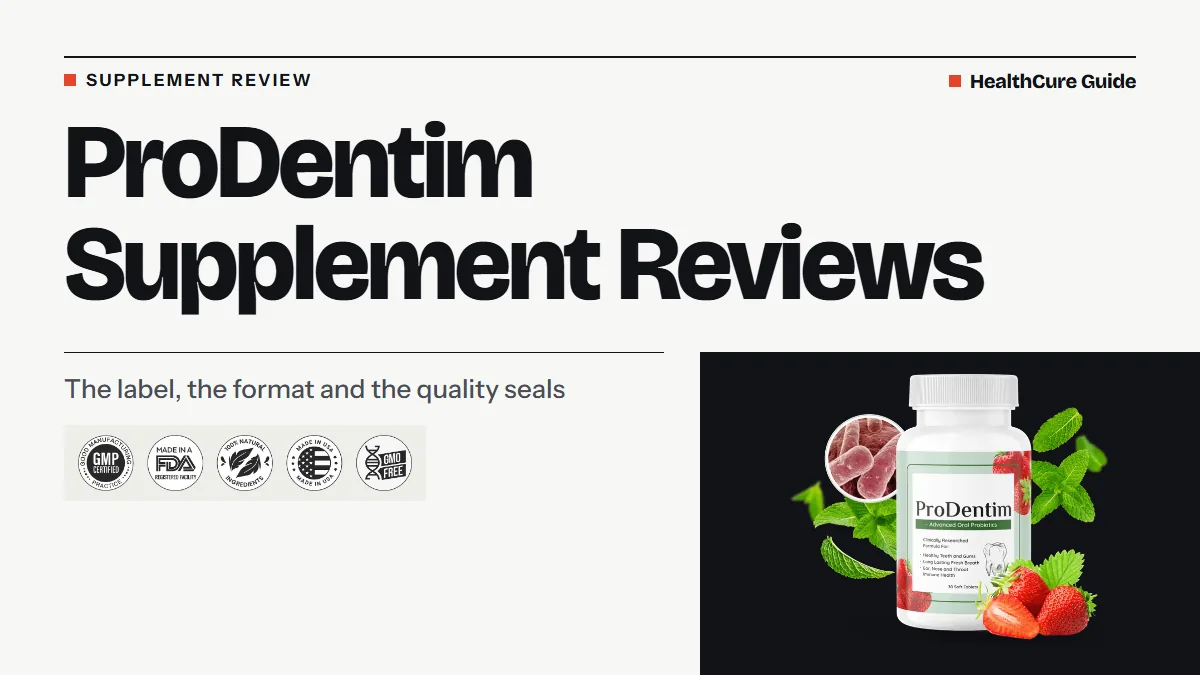 ProDentim supplement reviews cover: bone field, headline, a row of five quality seals and the bottle, as a label review