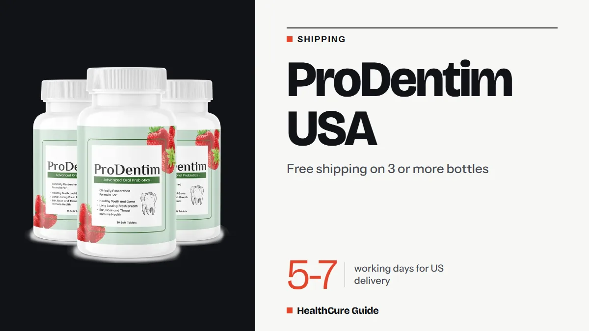 ProDentim USA cover: bone field, headline, a thin 5-7 days numeral and a three-bottle photo, as a shipping note