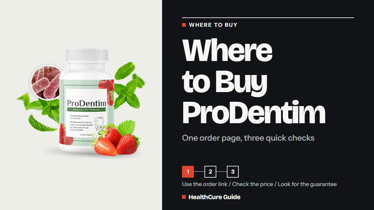 Where to buy ProDentim cover: charcoal field, headline, a numbered three step path with step one highlighted, and the bottle