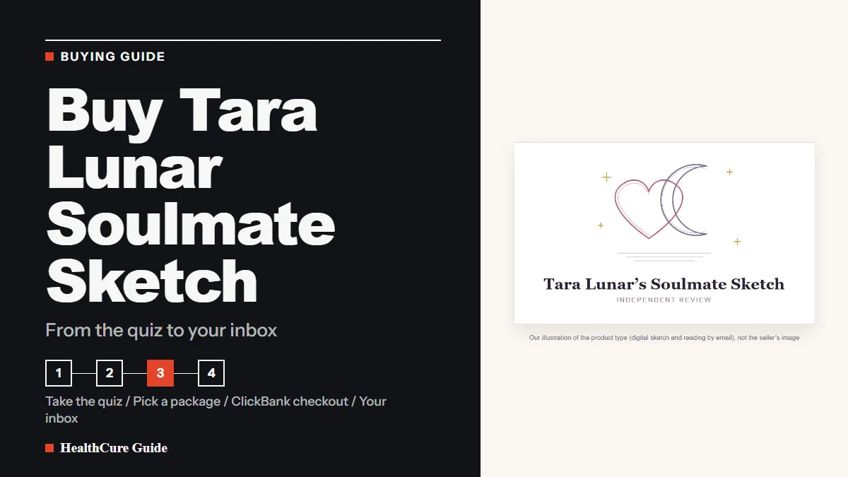 Buy Tara Lunar Soulmate Sketch cover showing four order steps from quiz to inbox beside our illustration