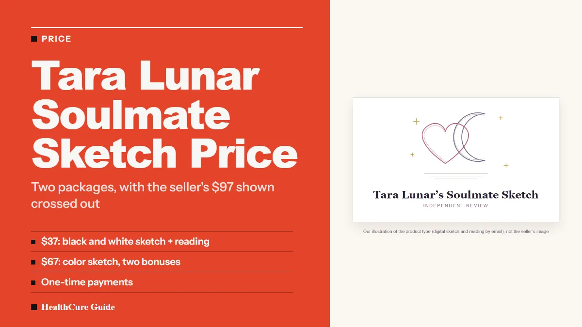 Tara Lunar soulmate sketch price cover listing the $37 and $67 packages beside our heart-and-moon illustration
