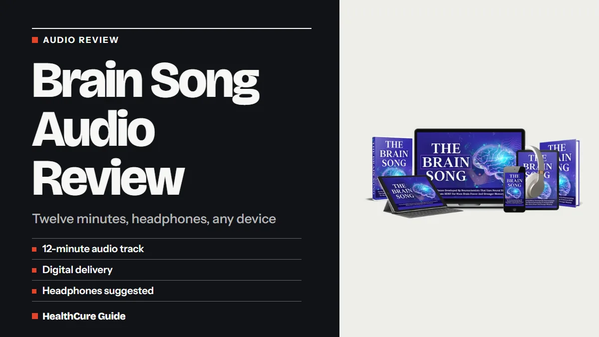 Brain Song audio review headline with three listening points beside a laptop, tablet, phone and headphones mockup