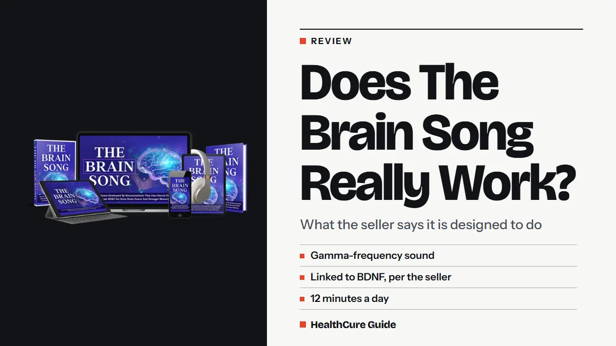 Does The Brain Song really work headline with gamma, BDNF and 12-minutes-a-day points beside audio device mockups