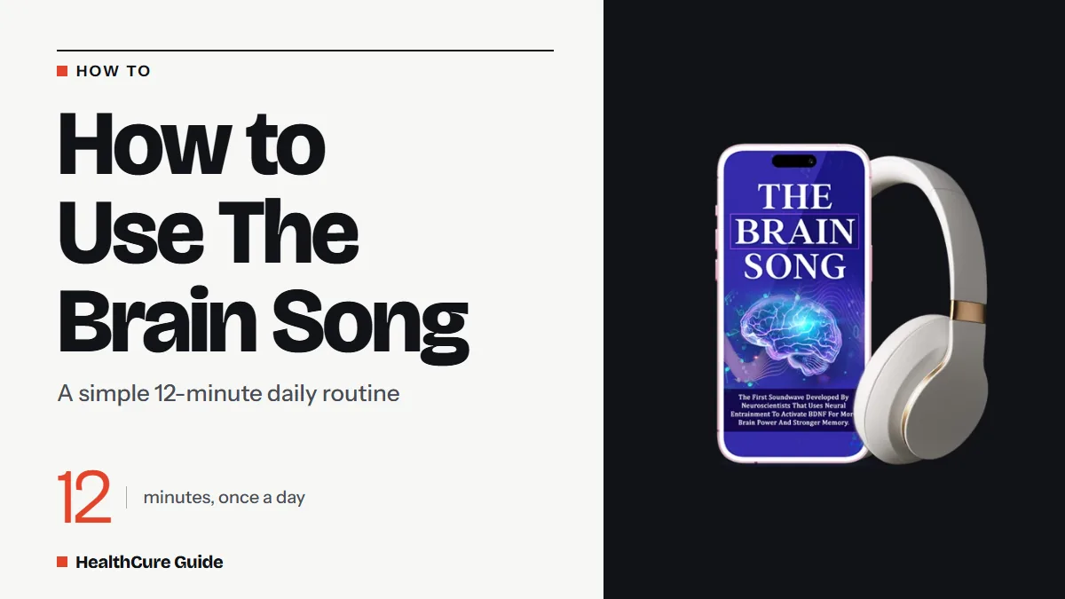 How to use The Brain Song headline with a 12 minutes once a day note beside a phone and headphones on a black panel