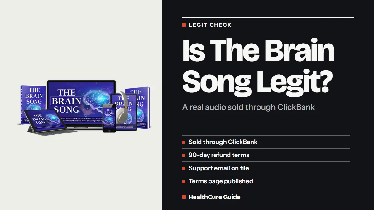 Is The Brain Song legit headline on a dark panel with four checks, beside device mockups of the audio on the left