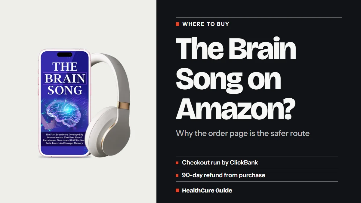 The Brain Song Amazon question headline beside a phone with headphones and a short list of checkout and refund points