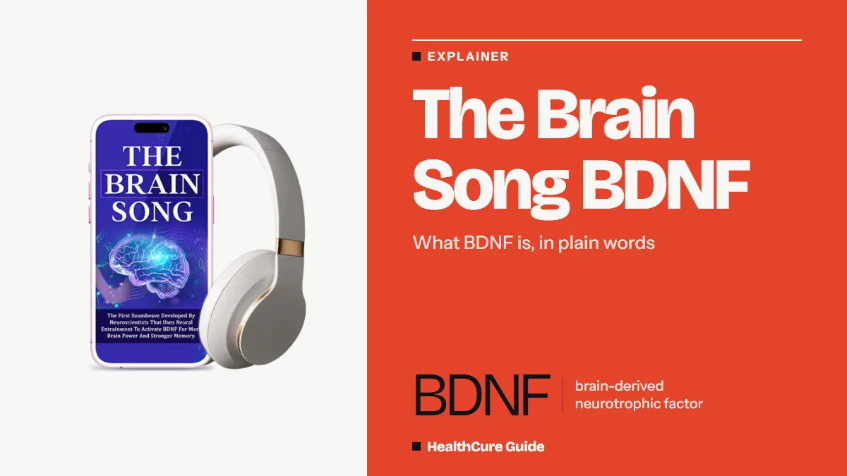 The Brain Song BDNF explainer headline on a coral panel with a phone and headphones and the BDNF full name