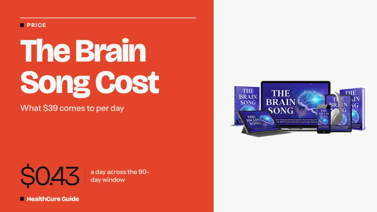 The Brain Song cost headline with $0.43 a day across the 90-day window on coral, next to a laptop, tablet and phone mockup