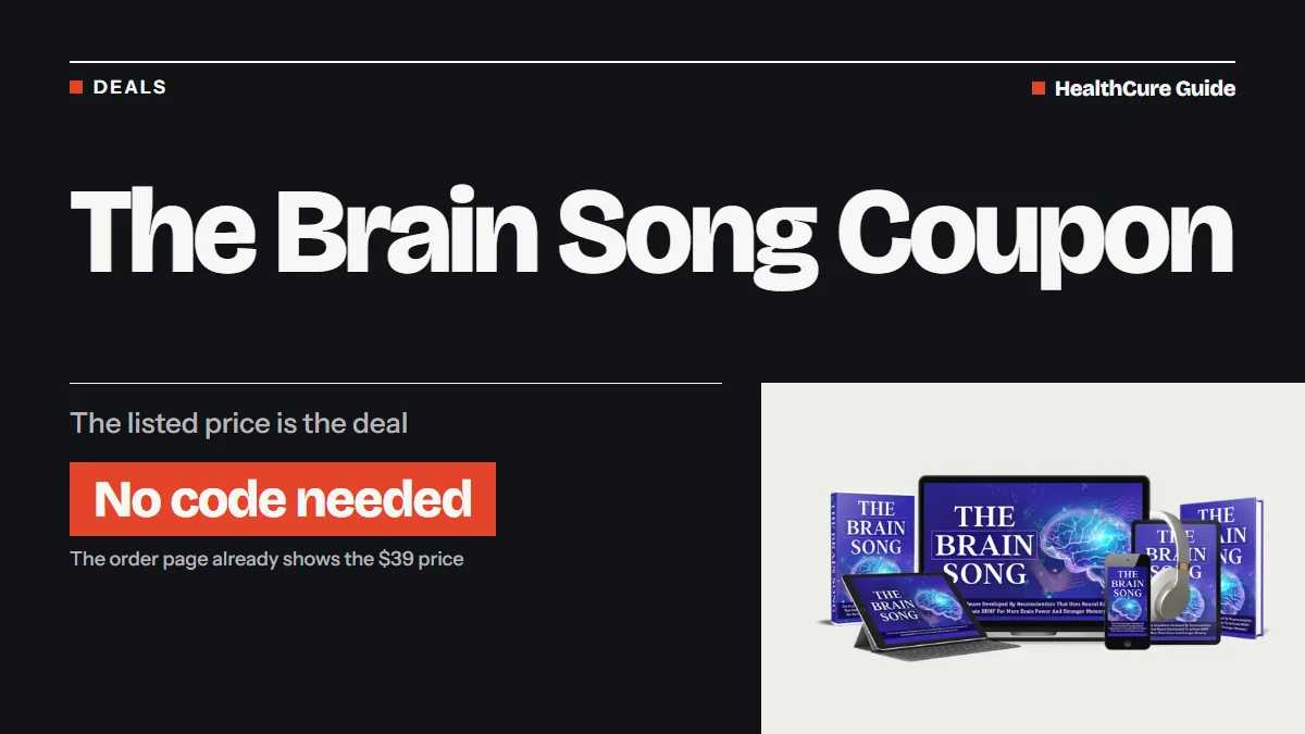 The Brain Song coupon headline on a dark panel with a coral No code needed label and device mockups of the audio