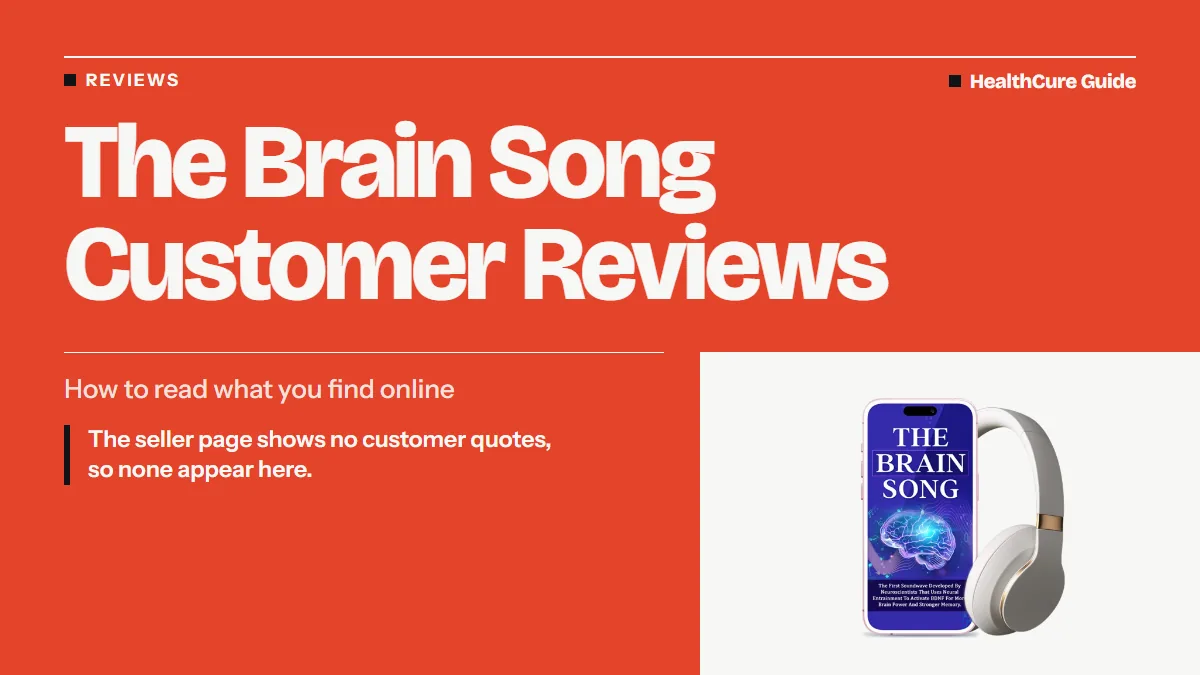 The Brain Song customer reviews headline on coral noting the seller page has no quotes, with a phone and headphones