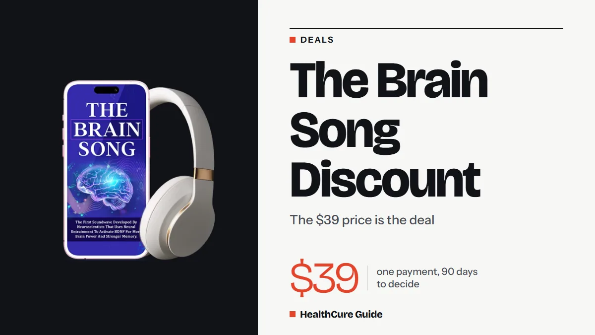 The Brain Song discount headline stating the $39 price is the deal, beside a phone and headphones on the left