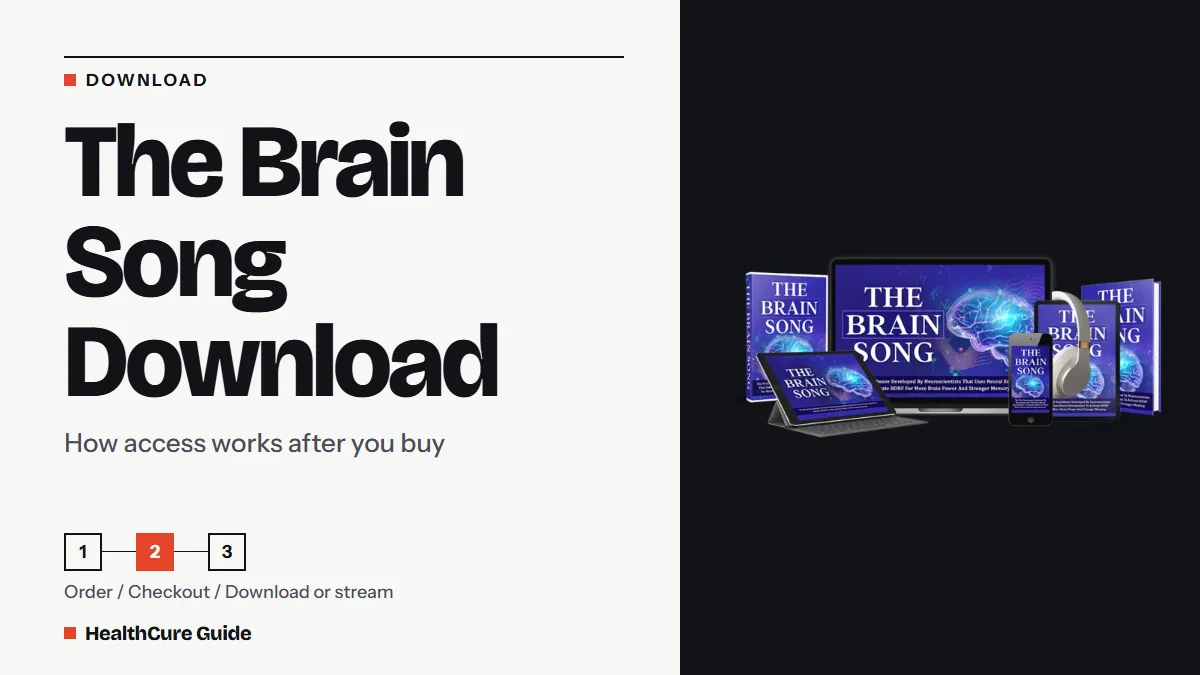 The Brain Song download headline on a light panel with a three-step order, checkout, download or stream path