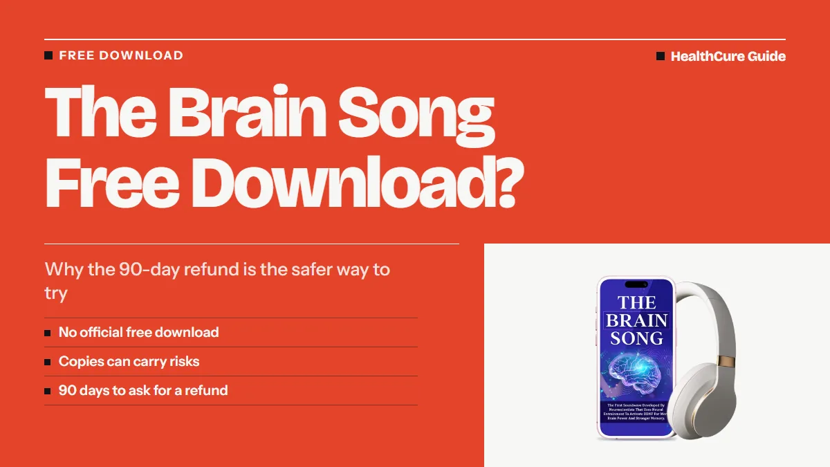 The Brain Song free download headline on a coral panel with three short points and a phone with headphones