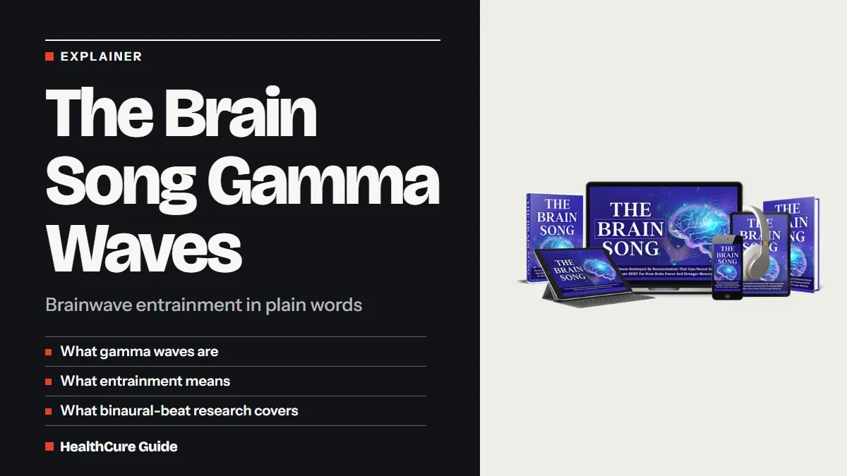 The Brain Song gamma waves headline on a dark panel with three listed topics and a spread of laptop, tablet and phone art